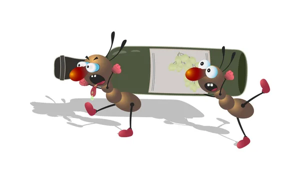 Formigas de desenhos animados arrastam uma garrafa de vinho. Ilustração vetorial . —  Vetores de Stock
