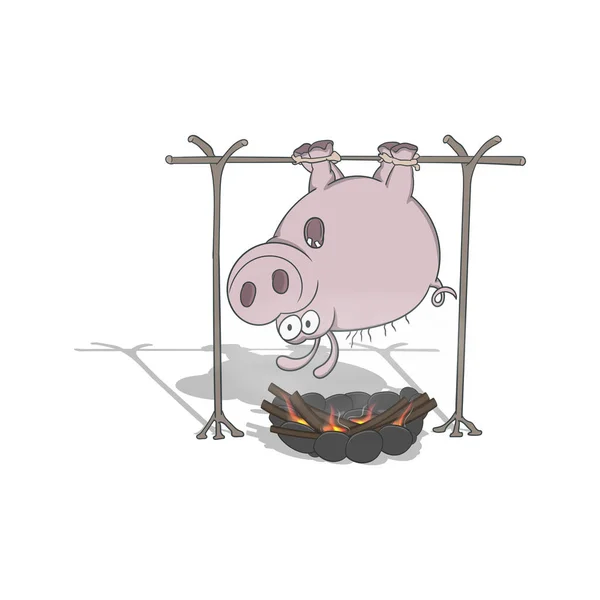 漫画の豚のフライを杭に。白い背景のベクトルイラスト. — ストックベクタ