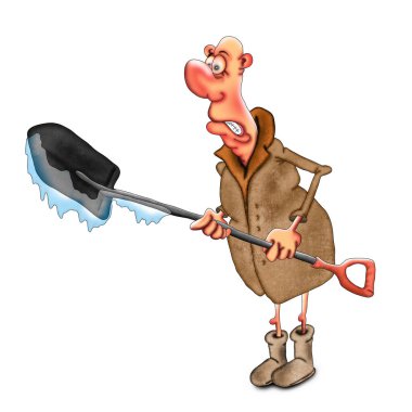 Paltolu bir adam ve buzla kaplı bir kürekle çizmeleri hisseden bir adam. Beyaz arkaplanda karikatür çizimi..