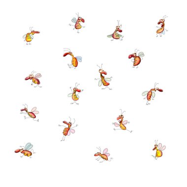 Tasarım için farklı pozlarda bir dizi çizgi film böceği. Beyaz bir arkaplanda resim..