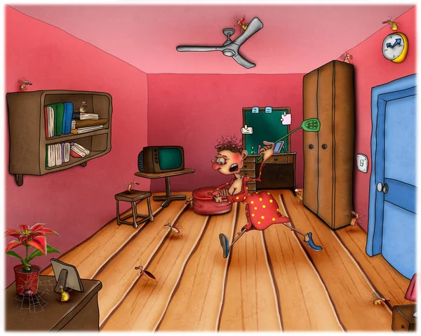 Bukleli bir ev hanımı ve odada koşuşturan böcekleri sinekle kovalayan bir sabahlık...