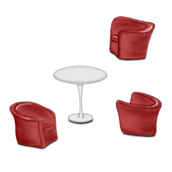 红色的皮革椅子和一个圆形的白色桌子 用于设计的家具 关于白色背景的说明 — 图库照片