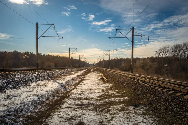 Železnice Procházející Lesem Proti Obloze — Stock fotografie