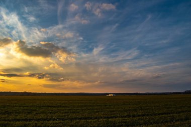 Gökyüzü gün batımında tarlanın üzerinde