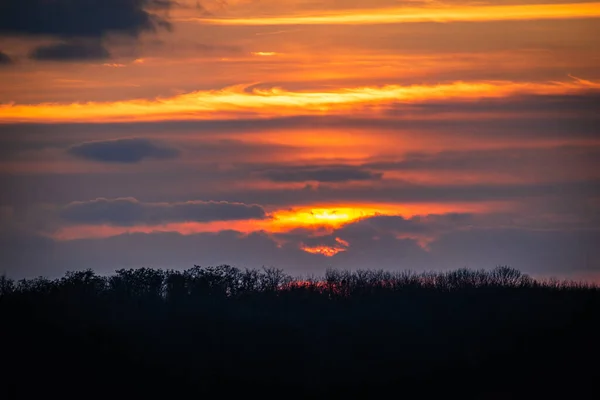 Avondzon Achter Wolken Boven Het Bos — Stockfoto