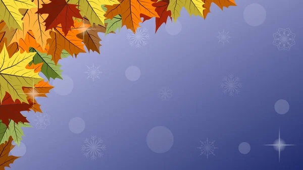 Fall Background Colorful Autumnal Maple Leaves First Snowflakes Vector Banner — Stock Vector