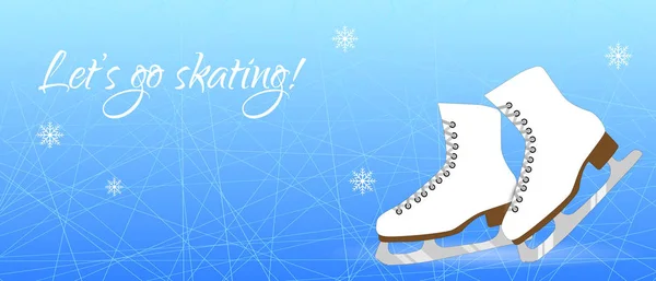 Buz patenli kış tatili kartı. Buz kesiyorum. Kar taneleri.