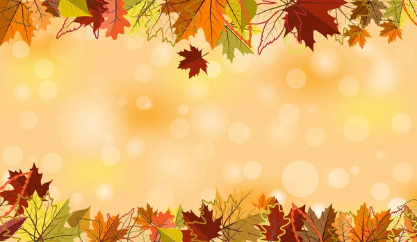 Vallen horizontale achtergrond met kleurrijke en contour bladeren. Autumnal eiken esdoorn rowan berken bladeren op mesh achtergrond banner met plaats voor uw tekst. — Stockvector