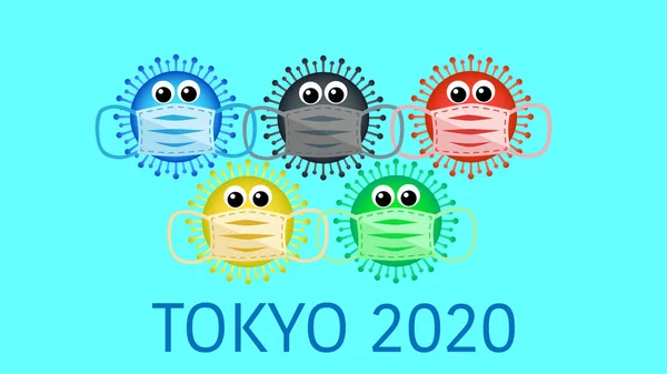 Olympiska färger ringer logotyp. Olympiska spel 2020. Coronavirus Covid-19-utbrott. Medicinsk mask, världspandemi av influensa. vektor illustration, banner, affisch, bakgrund. — Stock vektor