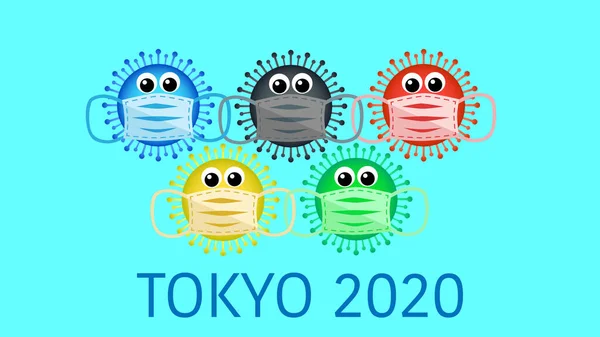 Olimpiai színek gyűrűk logó. Olimpiai játékok 2020. Coronavirus Covid-19 járvány. Orvosi maszk, influenza világjárvány. Vektor illusztráció, banner, poszter, háttér. — Stock Vector