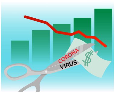 Coronavirus COVID-19 salgını küresel ekonomi ve borsa, finansal kriz kavramı üzerinde etkili oldu. Ekonomik piyasanın çöküşünün grafiği. Makas, fatura, para. 