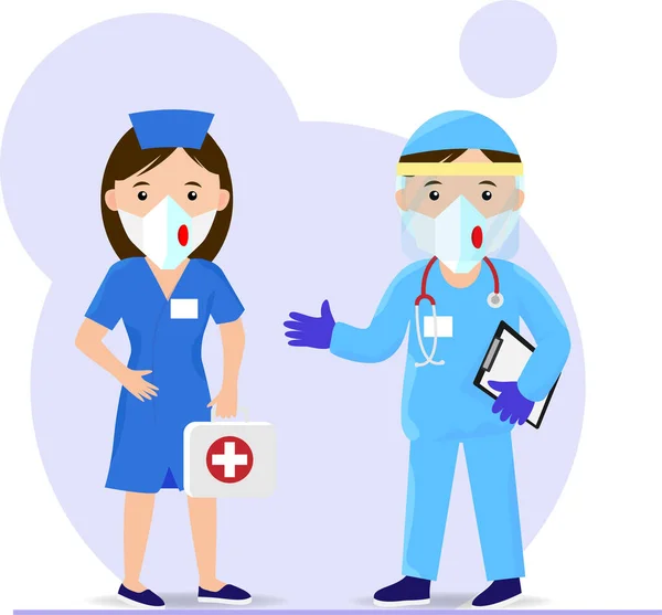Dottore e infermiera in maschere mediche in stile cartone animato piatto. Cassetta di pronto soccorso. Illustrazione vettoriale . — Vettoriale Stock