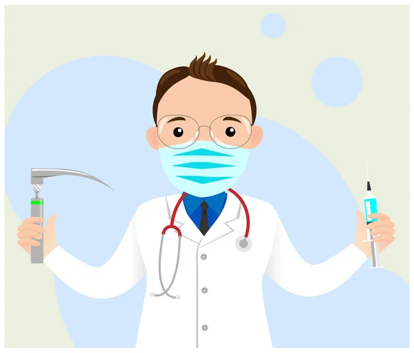 Erkek anestezi uzmanı doktor. Steteskoplu ve profesyonel ekipmanlı tıbbi maskeli bir doktor. İlaçlar çevrimiçi. Evde kal. Düz vektör illüstrasyonu. 