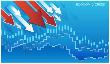 Küresel ekonomik ve finansal kriz. Düşen hisse senedi fiyatlarının grafiği, döviz dalgalanmaları. Kırmızı ve beyaz oklar baş aşağı. Şirketlerin finansal değerlerinde düşüş. Vektör illüstrasyonu.