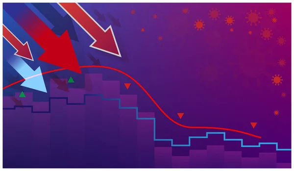 The global economic crisis during coronavirus. Graph of falling stock prices, currency fluctuations. Red and light blue arrows head down. Decrease in the financial value of companies. Vector. — Stock Vector