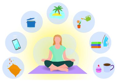 Karantina zamanında evde meditasyon yapan genç bir kız. Kadın yoga yapıyor ve zaman yönetimi hakkında düşünüyor. Yoga, meditasyon, rahatlama, sağlıklı yaşam tarzı kavramları. Vektör, düz.