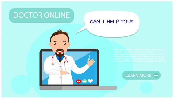Bilgisayarında doktor var. Çevrimiçi tıp, danışma ve tanı konsepti. Tıbbi uygulama için web pankartı. İnternetten doktora sor. Yardım ve destek. Vektör illüstrasyonu.