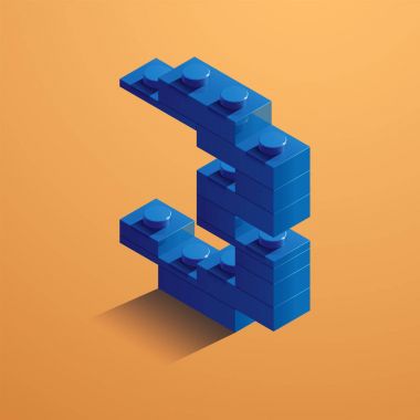 3D mavi üç numaralı lego tuğla Sarı zemin üzerine. 3D altıncı