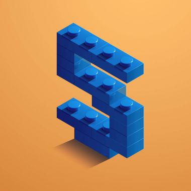3D mavi 5 numaralı lego tuğla Sarı zemin üzerine. 3D altıncı