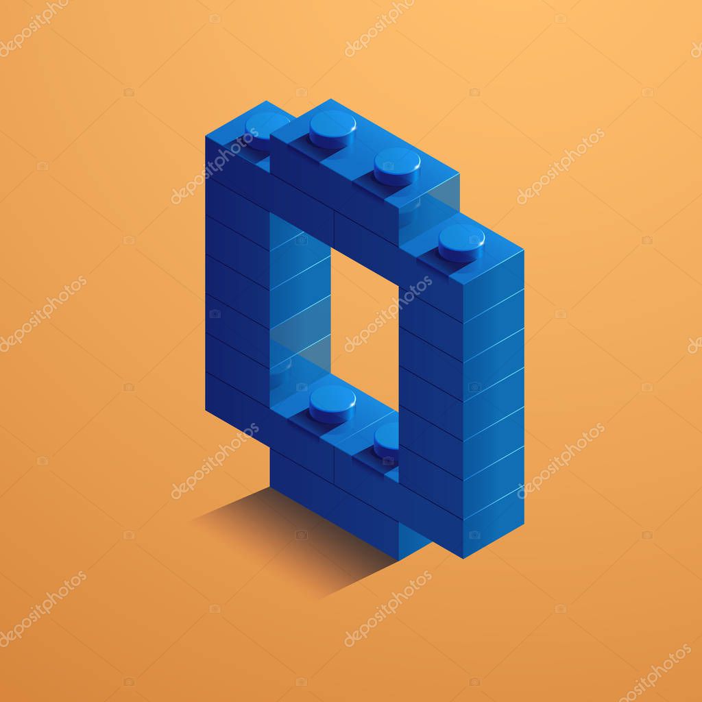 3d isometric letter O of the alphabet from lego bricks. 3d isometric plastic letter from the lego blocks