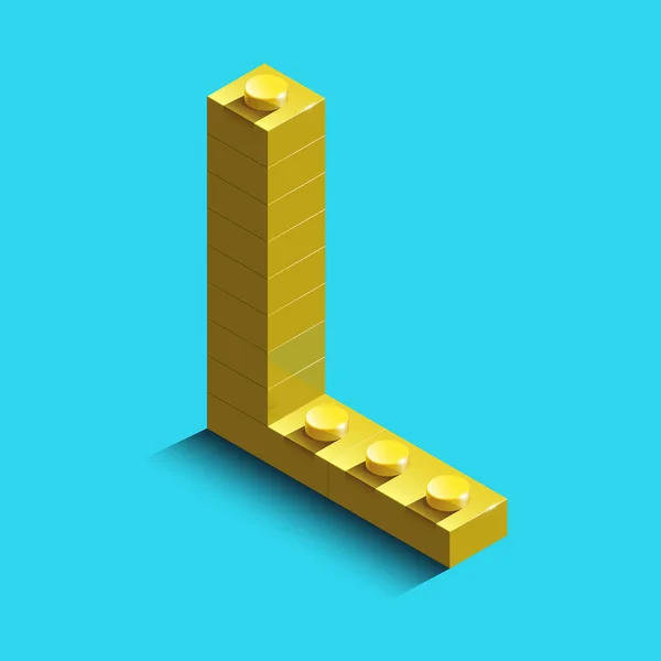 Χρυσό ρεαλιστική 3d ισομετρική γράμμα L του αλφαβήτου από κατασκευή τούβλων. Κίτρινο 3d ισομετρική πλαστικό γράμμα από τα δομικά στοιχεία. Πολύχρωμο χαρακτήρα της γραμματοσειράς γράμμα του αλφαβήτου. — Διανυσματικό Αρχείο