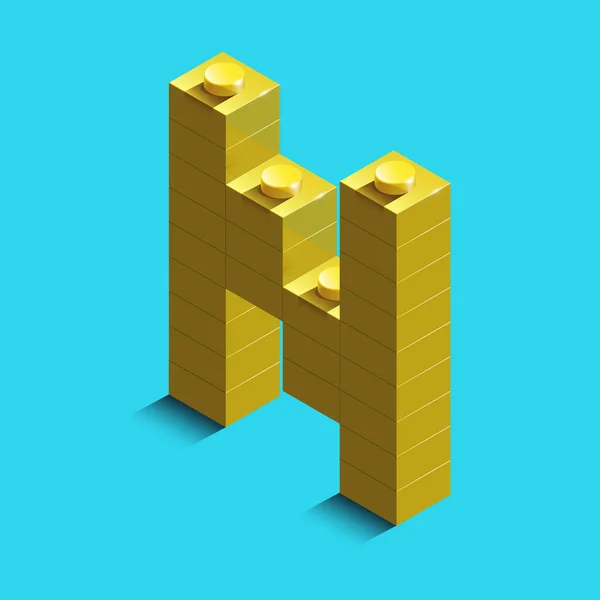 Gerçekçi altın Oluşturucu tuğla alfabenin 3d izometrik harfi N. Sarı 3d izometrik plastik mektup yapı taşları. Renkli karakter alfabe harf yazı tipi. 