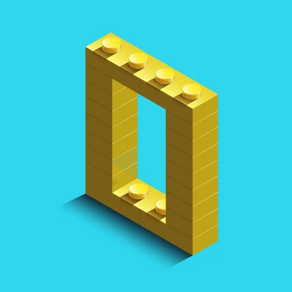 Realistiska guld 3d isometrisk bokstaven O i alfabetet från konstruktören tegelstenar. Gul 3d isometrisk plast brev från byggstenar. Färgstarka karaktären av alfabetet brev teckensnitt. — Stock vektor
