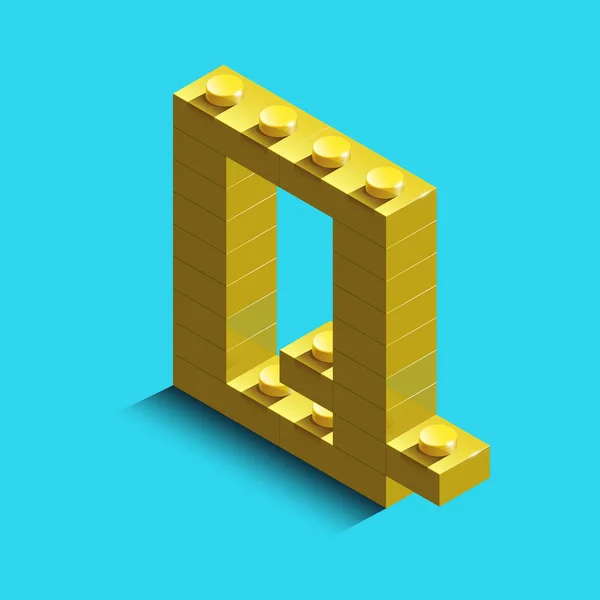 リアルな金コンス トラクター ブロックからアルファベットの 3 d 等角文字 Q。黄色 3次元等尺性プラスチックの文字のビルディング ブロックから。カラフルな文字のアルファベット文字フォント. — ストックベクタ