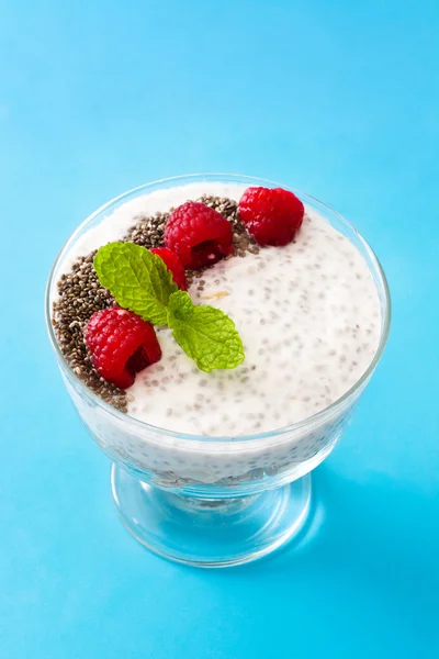 Chia yogurt with raspberries on blue background — Stock Photo, Image