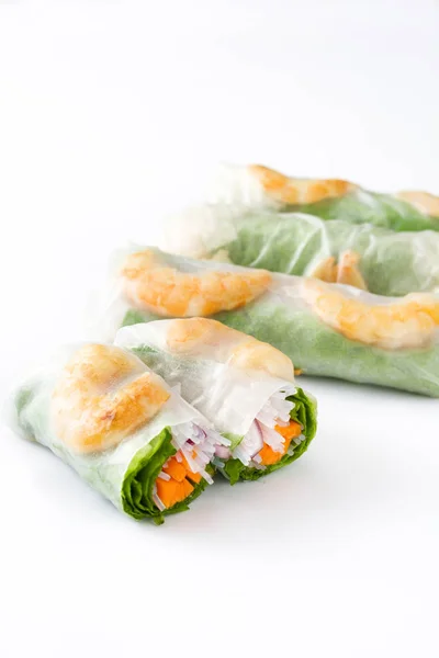 Vietnamese rolls with vegetables, rice noodles and prawns isolated on white background — Stock Photo, Image