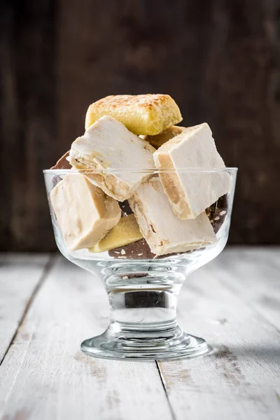 Variety of Christmas nougat in crystal glass — Stock Photo, Image