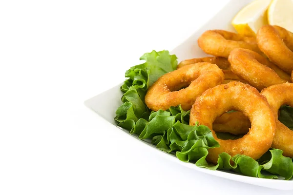 Gebratene Tintenfischringe mit Salat und Ketchup, isoliert auf weißem Hintergrund — Stockfoto