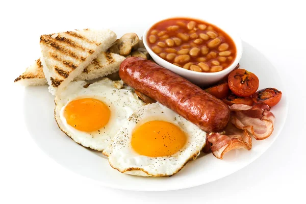 煎的鸡蛋、 香肠、 豆类、 蘑菇、 烤的番茄和培根孤立与传统英式早餐 — 图库照片