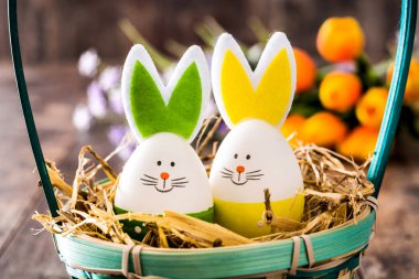 Paskalya tavşanımı bir sepet ve Lale ahşap tablo