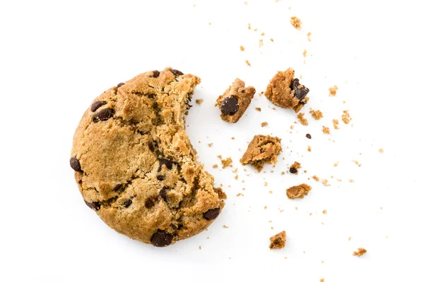 Chocolate chip cookies and crumbs isolated on white background.Top view — Stock Photo, Image