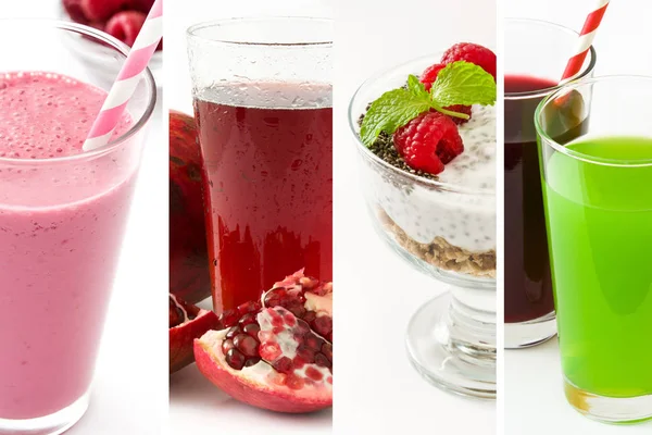 Koláž, zdravé nápoje a potraviny. Koktejlové a jogurt — Stock fotografie