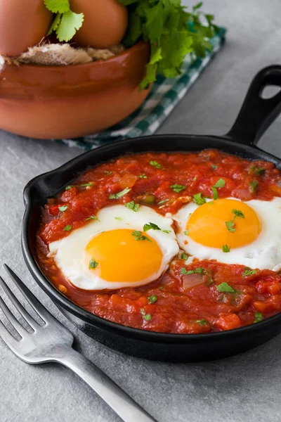 Mexicaanse ontbijt: Huevos rancheros in ijzer koekenpan op grijze steen — Stockfoto