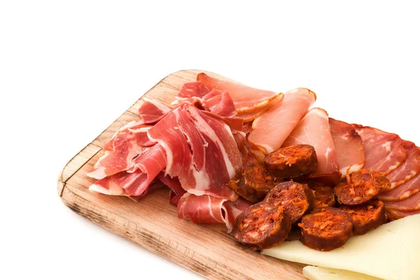 Spanish cold cuts (embutidos). Cheese, sausage and ham isolated on white background — Stock Photo, Image