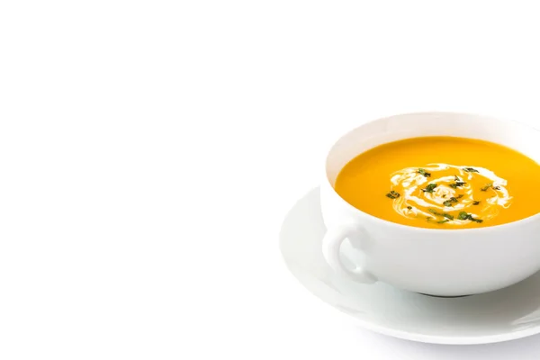 Sopa de calabaza en tazón blanco aislado sobre fondo blanco — Foto de Stock