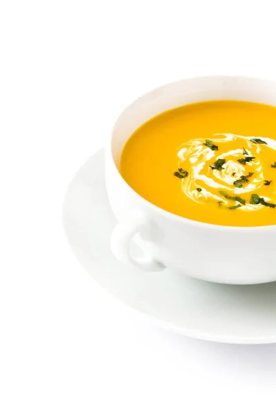 Pumpkin soup in white bowl isolated on white background — Stock Photo, Image