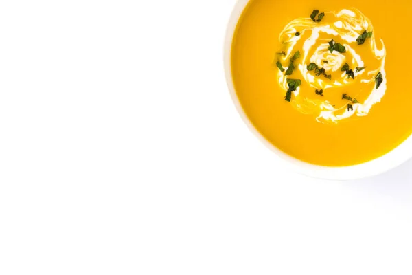 Sopa de calabaza en tazón blanco aislado sobre fondo blanco —  Fotos de Stock