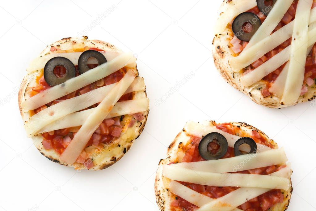 Halloween mummies mini pizzas isolated on white background