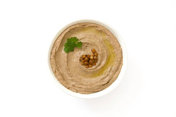 Hummus di lenticchia in ciotola isolato su fondo bianco. Vista dall'alto — Foto Stock