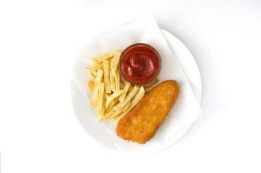 Geleneksel İngiliz balık ve beyaz arka plan üzerinde izole cips. Üstten Görünüm