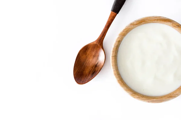 Natural Yogurt Wooden Bowl Isolated White Background Top View Copyspace — Stock Photo, Image