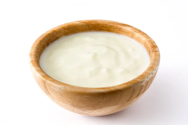 Iogurte Natural Tigela Madeira Isolada Sobre Fundo Branco — Fotografia de Stock