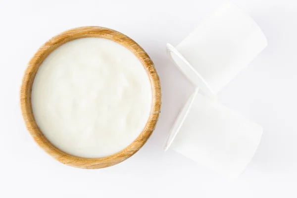 Natural Yogurt Wooden Bowl Isolated White Background Top View — Stock Photo, Image