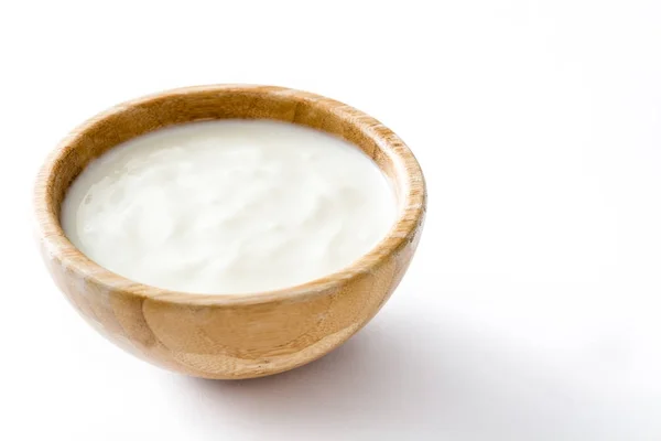 Yogur Natural Cuenco Madera Aislado Sobre Fondo Blanco —  Fotos de Stock
