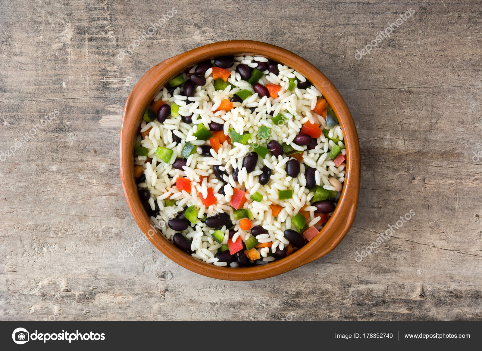 Traditional Cuban Rice Black Beans Pepper Wooden Table Background Moros Stock Photo by