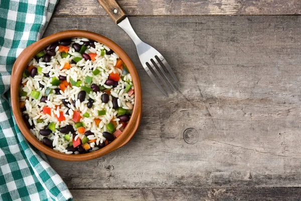 Arroz Tradicional Cubano Frijoles Negros Pimienta Sobre Fondo Mesa Madera — Foto de Stock